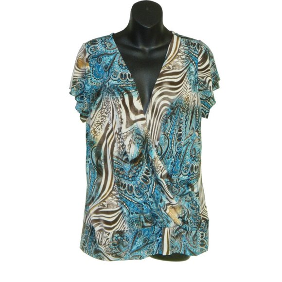 2 for/ $25 Jessica Cap Sleeve V-Neck Blouse Brown Blue Zebra Paisley Size 1X - Picture 2 of 16